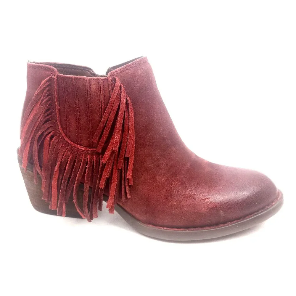 Born Danni Red Suede Leather Distressed Fringe Ankle Boots Womens 6.5 M Heel - Picture 2 of 10